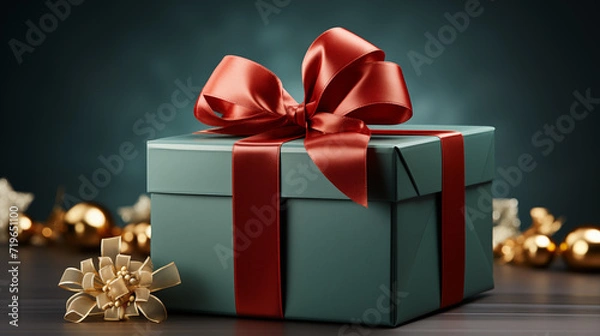 Obraz Green gift box with a red ribbon, concept of Christmas holidays