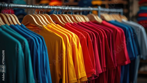 Fototapeta plain t-shirts of different colors hang on a hanger, store interior blur