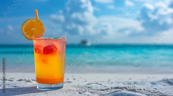 Fototapeta "Chill in a Glass: Cold Refreshing Summer Mixed Cocktail on a White Table"

