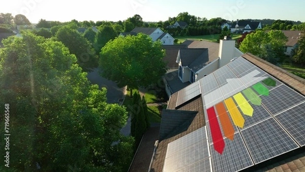 Obraz Rooftop solar panels with graphic of energy efficiency scale in a suburban neighborhood at sunset. Green energy in USA housing. 3D render, aerial
