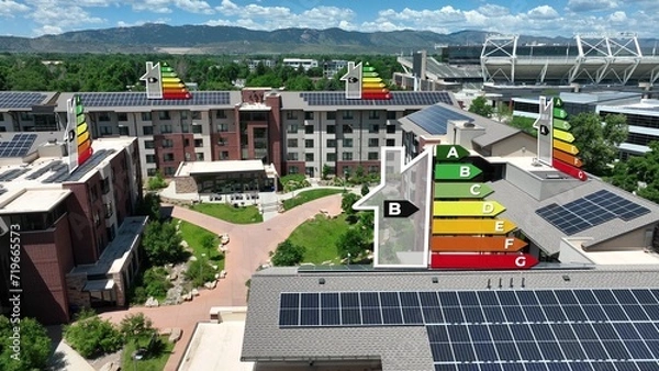 Obraz Solar panel energy efficiency classes over buildings showing level rating. Graphic
