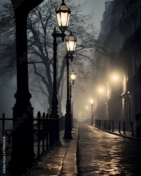 Obraz Foggy Nightfall: Vintage Street Lamps Illuminate the Old Town