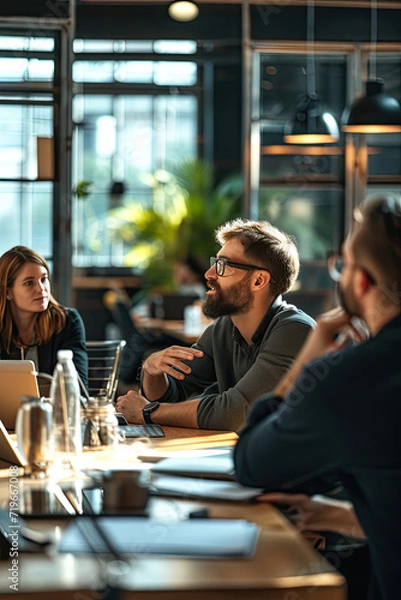 Fototapeta Group of People Sitting Around a Large Wooden Table in a Sunny Outdoor Setting