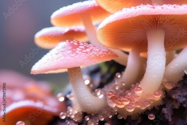 Fototapeta Fungus Fungi White Orange with slimy bubbles on Tree bark Stomp, closeup macro shot wit bokah, bokeh, slime drops poison sticky substance alien surface calm, beautiful