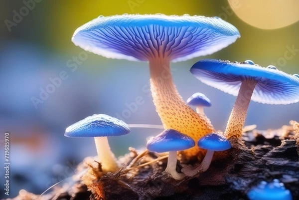 Fototapeta Fungus Fungi on Tree bark Stomp, closeup macro shot with bokah, bokeh, slime drops poison sticky substance alien surface calm, beautiful, White Orange baby blue, green mossy net