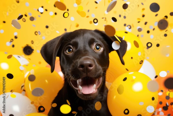 Obraz Happy black dog with bright balloons and confetti on yellow background