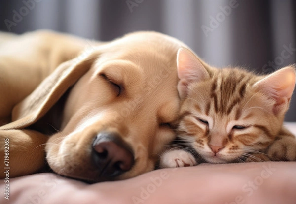 Fototapeta Kitten and retriever sleeping together on the white bed, selective focus