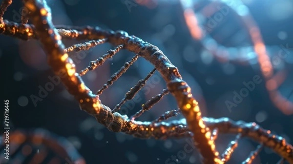 Fototapeta DNA helix model on blurred background with free place for text. Genome studies, medical research science banner