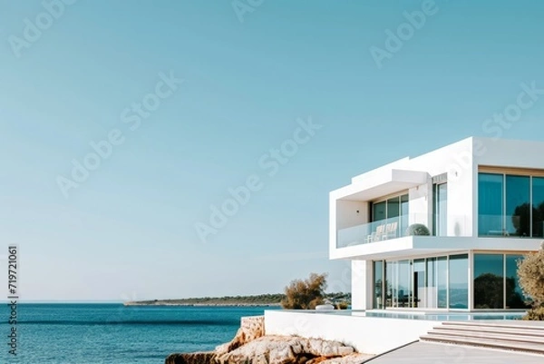 Obraz Modern white villa with sea view on the background. Nobody inside. AI generated
