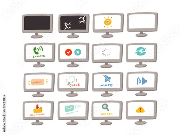 Fototapeta モニターに映るアイコンのイラストセット