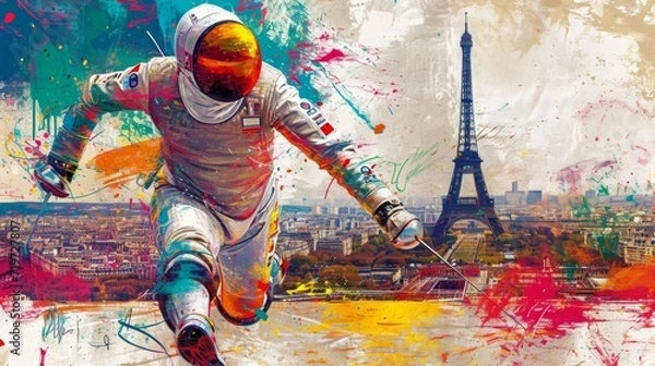 Fototapeta A vibrant illustration of a fencer lunging forward with a foil, with the Eiffel Tower backdrop, capturing the dynamic essence of fencing at the Summer Olympics in Paris.