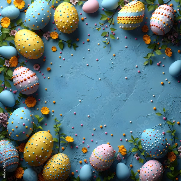 Fototapeta easter background with copy space for text, copy space for text, copy space for text, top view, top view, top view. easter day background with copy space for text. yellow background 3d rendering 4k A