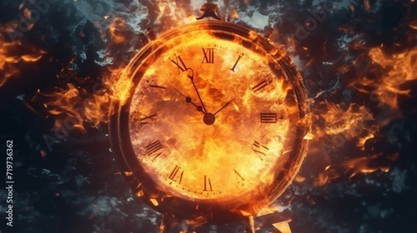 Fototapeta Clock on fire hands distorted as time burns away Ai Generative
