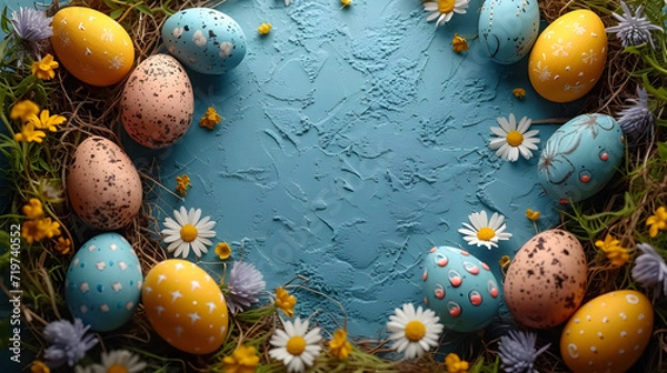 Fototapeta easter background with copy space for text, copy space for text, copy space for text, top view, top view, top view. easter day background with copy space for text. yellow background 3d rendering 4k A