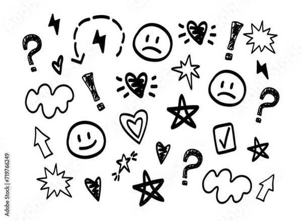 Fototapeta Underline, outline, drawn, smileys, stars, fireworks, hearts, dotted line, arrows, question mark, exclamation mark, lightning. Background. Set of elements from Zig zag, commas. Phrases, emphasis.