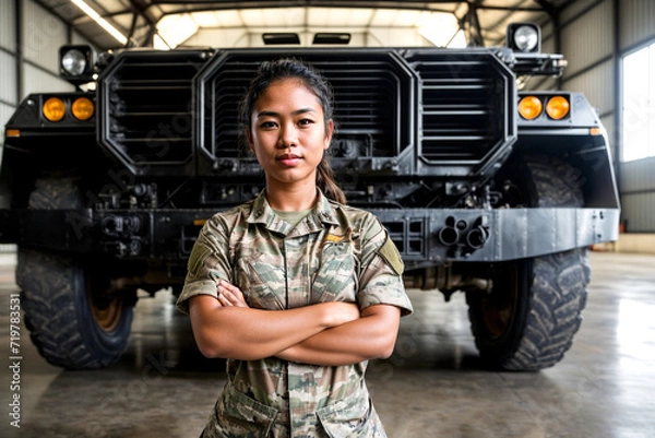 Fototapeta skilled and empowered Asian female mechanic in the military, symbolizing gender diversity and expertise within the armed forces.