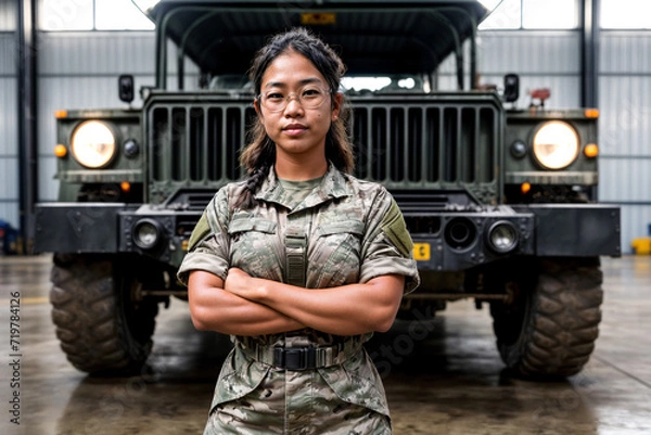 Fototapeta skilled and empowered attractive female mechanic in the military, symbolizing gender diversity and expertise within the armed forces