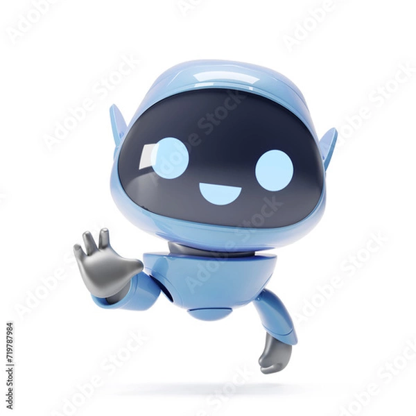 Obraz Cartoon cute blue robot smiles and looks at the camera and waves his hand. Greetings from artificial intelligence. 3D work on a white background..