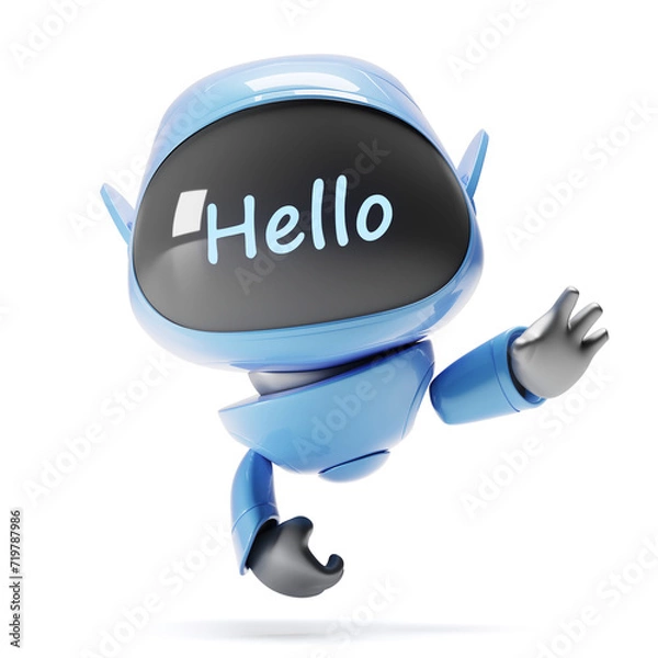 Obraz Cartoon cute blue robot with hello lettering looks at the camera and waves. He greets you. Artificial intelligence is man's friend. 3D work on a white background..