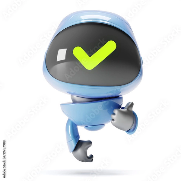 Obraz Cartoon cute blue robot with a green checkmark looking at the camera and giving a thumbs up. He wants to say that everything is fine and he understood everything. Artificial intelligence is man's frie