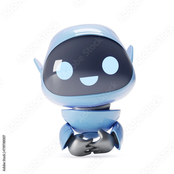 Obraz Cartoon cute blue robot smiling and looking at the camera sitting. He is very glad to see you all. 3D work on a white background..
