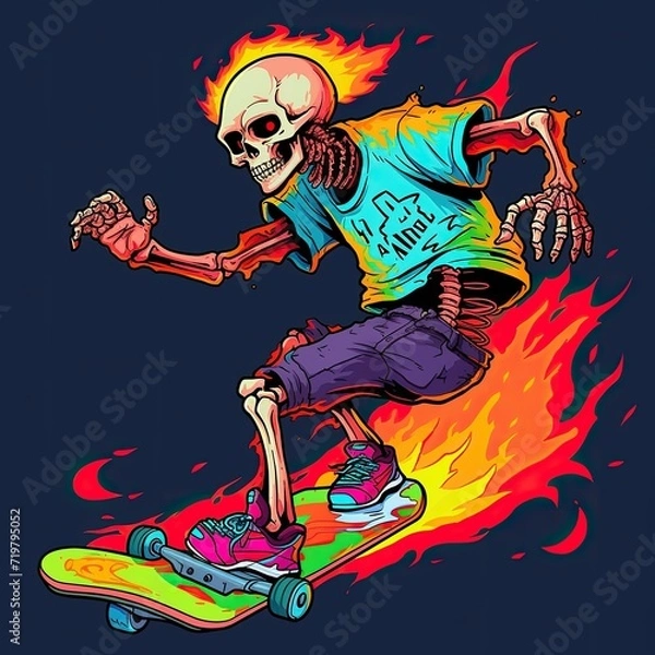 Fototapeta character, cartoon, illustration, vector, playing skateboard, cool, focus, t-shirt design, tee design, white background