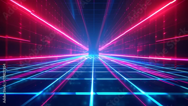Fototapeta Virtual Reality Elegance Cyan Blue and Red Grids with Neon Glow Background