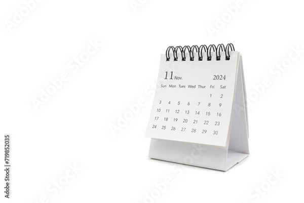 Fototapeta Simple desk calendar for November 2024 isolated on white background. Calendar concept with copy space.