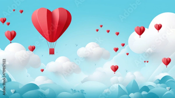 Fototapeta Paper art of heart balloon flying and scattering little heart in the sky