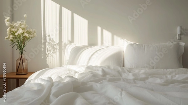 Fototapeta Serene minimalist bedroom bathed in soft morning light for a peaceful ambiance AI Generative.