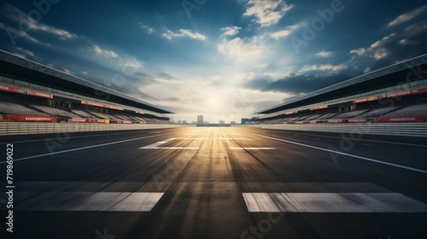 Obraz Sunset circuit motion blur road.Evening scene asphalt international race track with starting or end line.