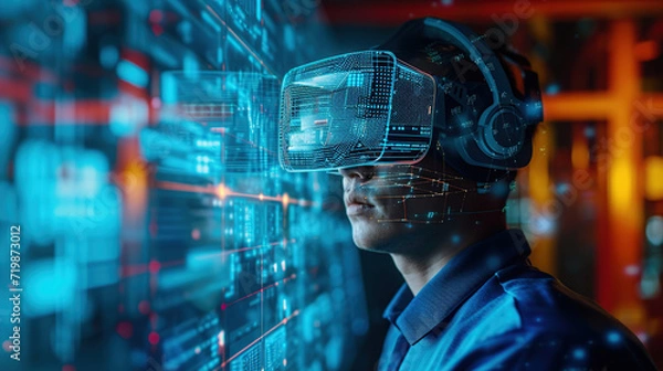 Fototapeta metaverse futuristci industry innovation technology concept, engineer using artificial intelligence with virtual mixed augmented reality glasses in digtial environmental with sustainability energy
