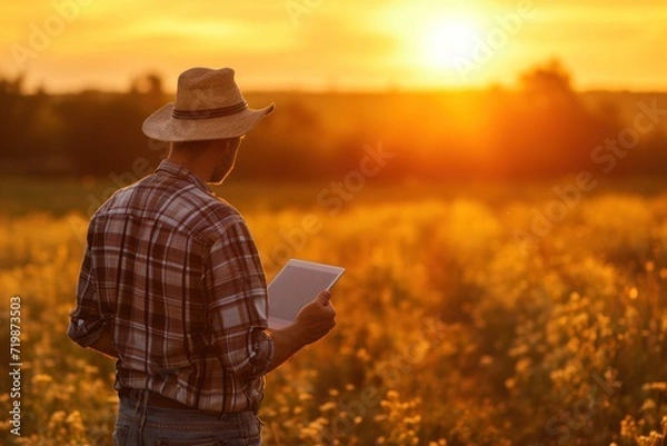 Fototapeta Farmer holding tablet at Farmland in the morning, happy farmer in the field, 