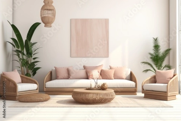 Obraz Boho Chic Living Room Interior, Showcased on an Isolated White Canvas, Generative AI