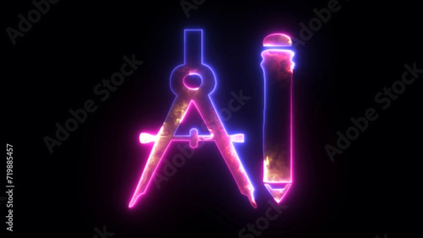 Obraz Glowing neon Compas and pencil neon sign and icon. 3D illustration of Compas and pencil in neon light. Concepts of education and choice