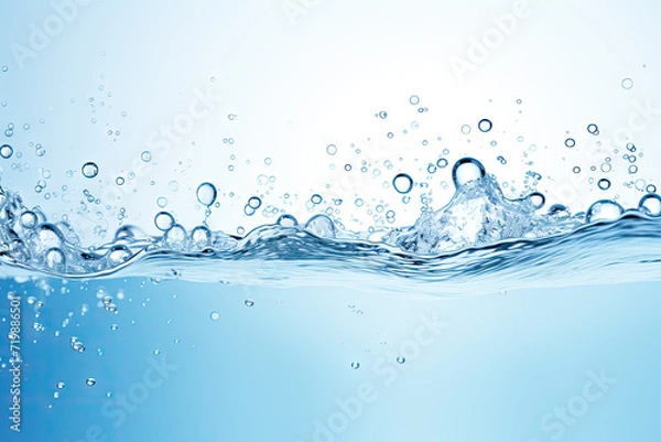 Fototapeta Water splash with bubbles on blue background. 3d render illustration