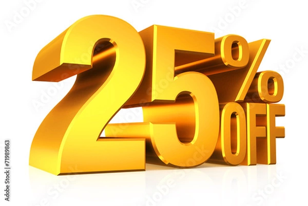 Obraz 3D render gold text 25 percent off.