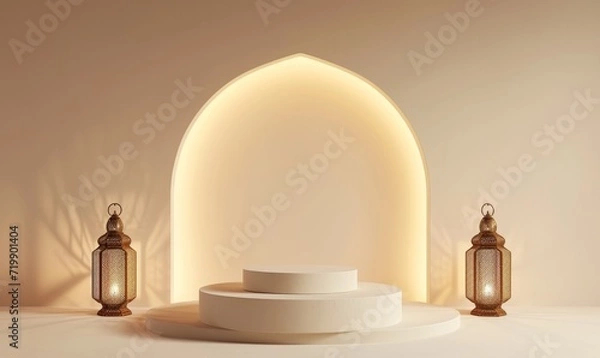 Fototapeta Ramadan Kareem themed stage with two lanterns and an empty podium for displaying festive products or Eid Mubarak greetings