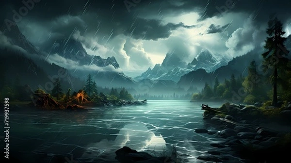 Fototapeta A dramatic thunderstorm brewing over a peaceful turquoise blue lake, with lightning illuminating the jagged peaks of the mountains