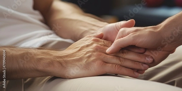 Fototapeta Close-up shot of a person holding another person's hand. Can be used to depict love, support, friendship, or unity. Ideal for illustrating relationships and human connection