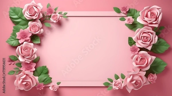 Fototapeta Pink rose frame on pink background with space for text.