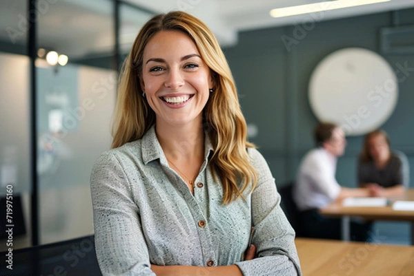 Fototapeta Happy professional woman at work with colleagues in background. Generative AI