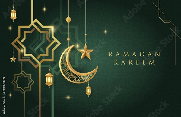 Fototapeta Ramadan Kareem premium design on green Islamic background with gold ornament star, moon, lanterns and islamic elements. Suitable for raya and ramadan template concept