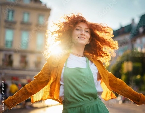 Obraz Mujer caucásica y pelirroja, bailando en la calle en un atardecer con el sol a su espalda
