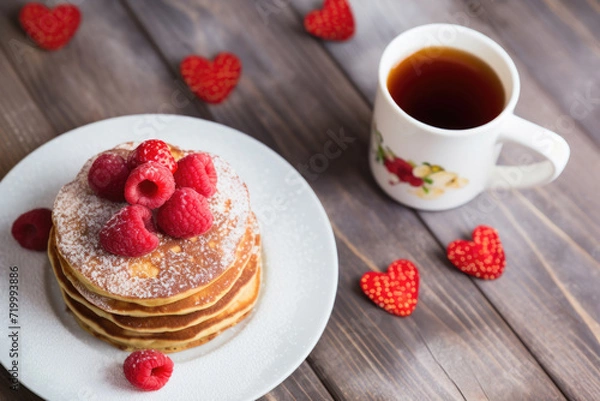 Fototapeta Raspberry Pancake Breakfast with Tea