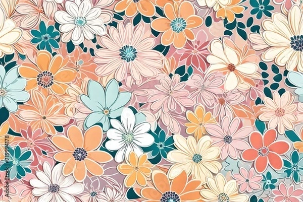 Obraz A mesmerizing 70s-inspired flower backdrop, vividly brought to life in a trendy seamless pattern of pastel colors.