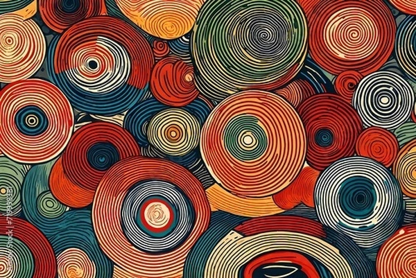 Obraz Playful and vibrant, an illustration features concentric circles in a retro-style print, creating a seamless pattern against a backdrop of trendy primary colors.