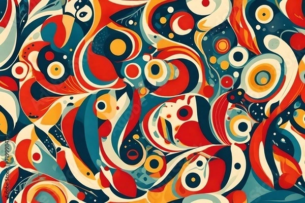 Fototapeta Dynamic and captivating, an illustration comes alive with organic shapes, forming a retro-style seamless pattern that celebrates vibrant primary colors.