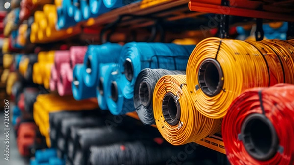 Obraz Colorful rolled electrical cables stored on warehouse shelves