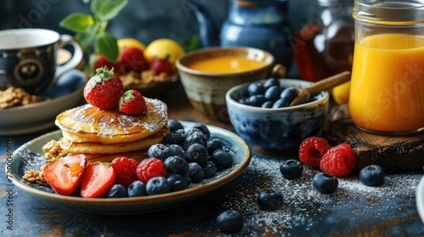 Fototapeta Breakfast with Pancakes, Eggs, Healthy Smoothies, and Granola